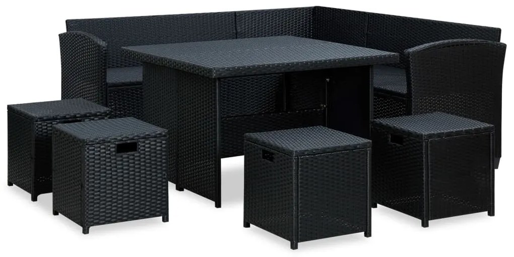 6 pcs conjunto lounge de jardim c/ almofadões vime PE preto