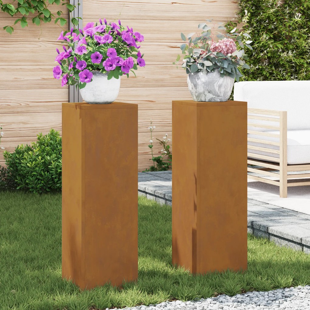 vidaXL Suportes para Plantas ao Ar Livre Pilar 2 pcs 24x24x75 cm Aço Envelhecido
