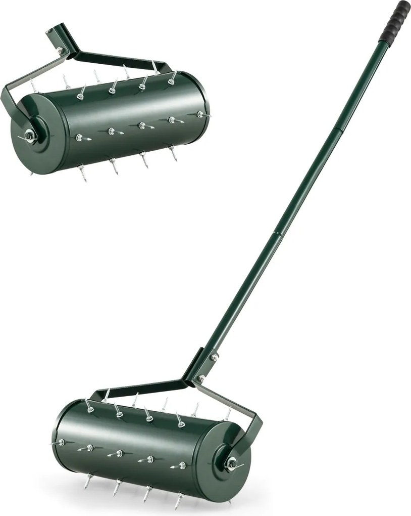Rolo para relva com arejador de relva com rodas de 44 cm Cabo amovível de 128 cm e dentes para jardim e pátio Fácil de montar Verde