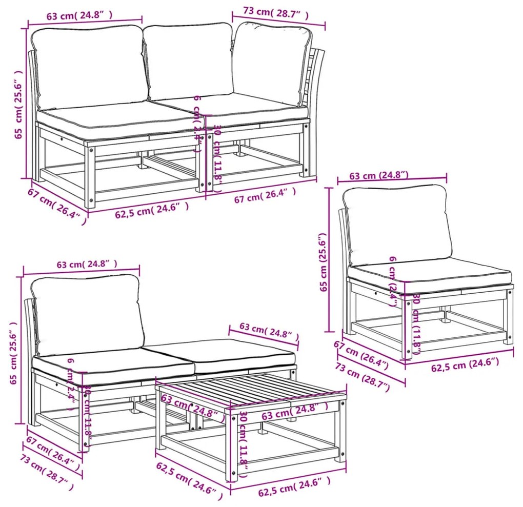 6 pcs conjunto lounge jardim c/almofadões madeira maciça acácia