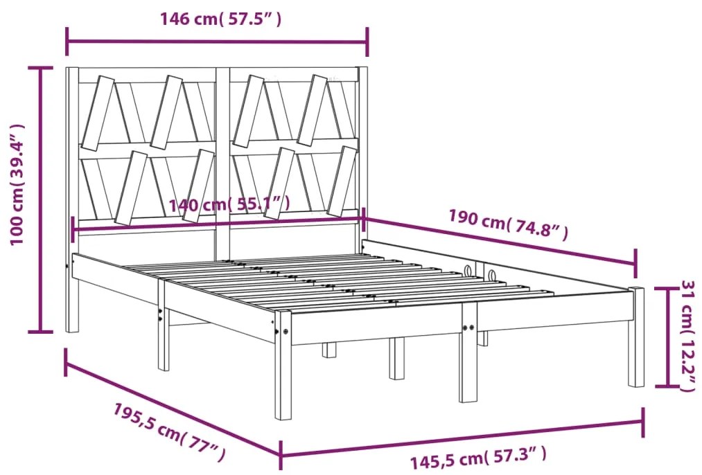 Estrutura de cama 140x190 cm pinho maciço