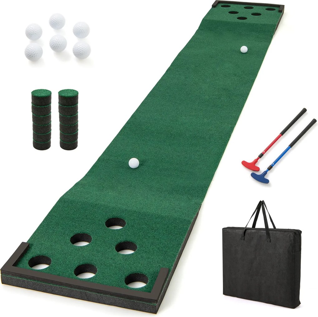 Jogo de Golf Tapete de 332 cm para Interior e Exterior com 2 Tacos Ajustáveis 6 Bolas Verde