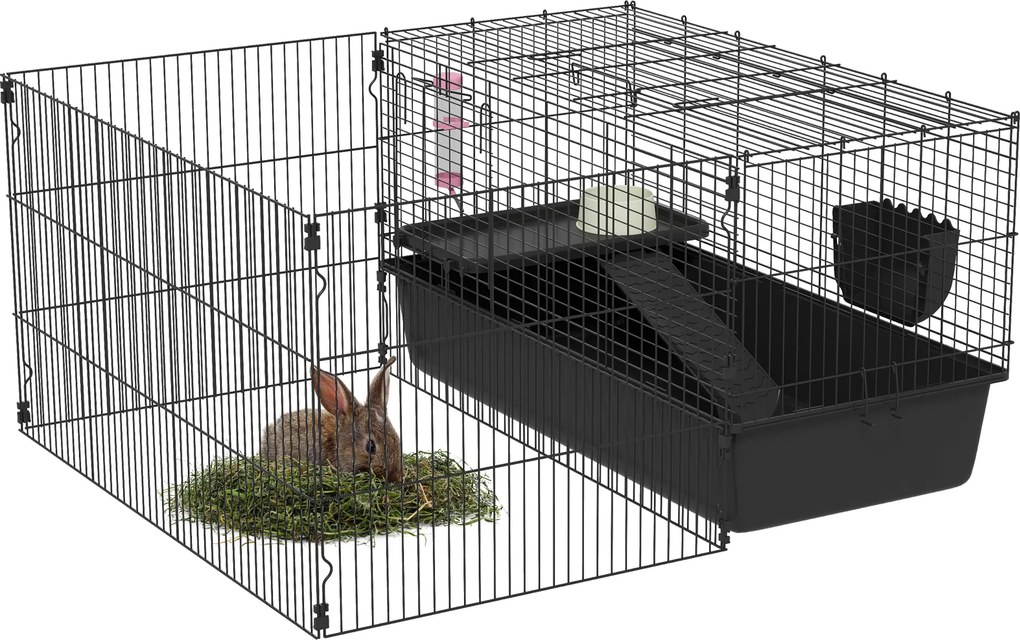 PawHut Gaiola para pequenos animais com cercadinho removível, parque com estábulo, incl. acessórios, preto | Aosom Portugal