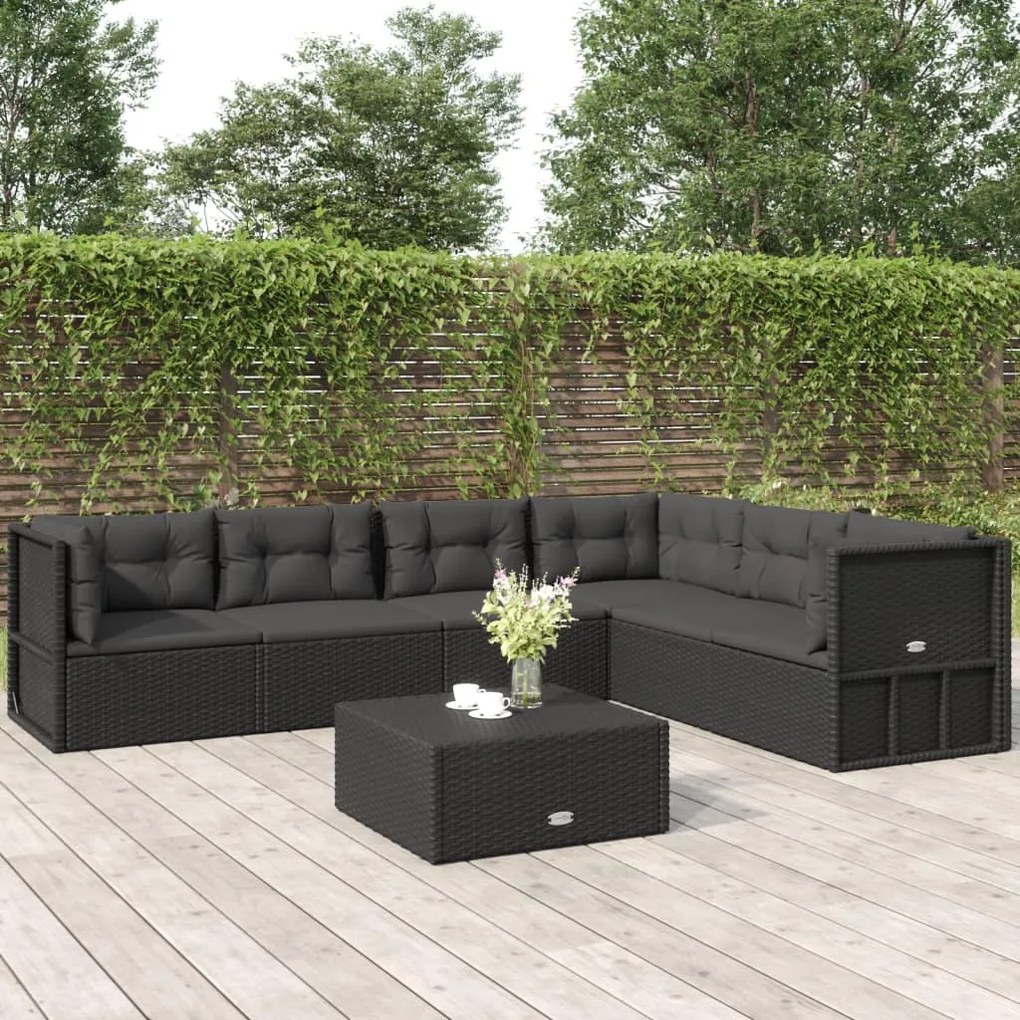 vidaXL 6 pcs conjunto lounge de jardim c/ almofadões vime PE preto