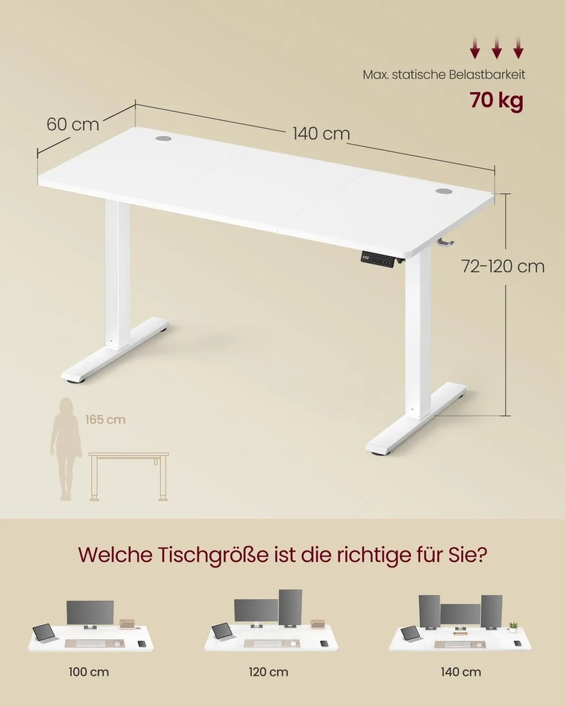 Secretária elétrica 140 x 60 x (72-120) cm com função de memória e 4 alturas, branca