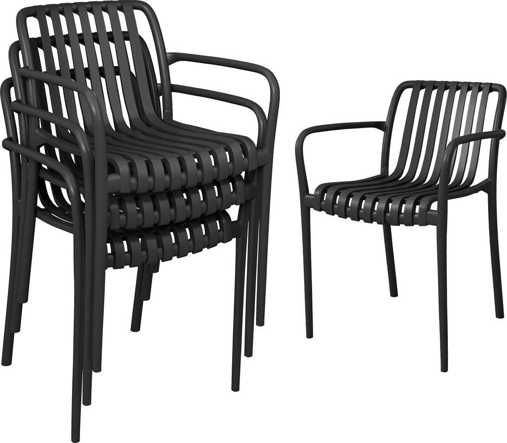 Conjunto de 4 Cadeiras de Jardim (MESA NÃO INCLUIDA) Empilháveis em PP com Encosto Curvado e Assento com Ripas 55x58,5x81,5 cm Preto