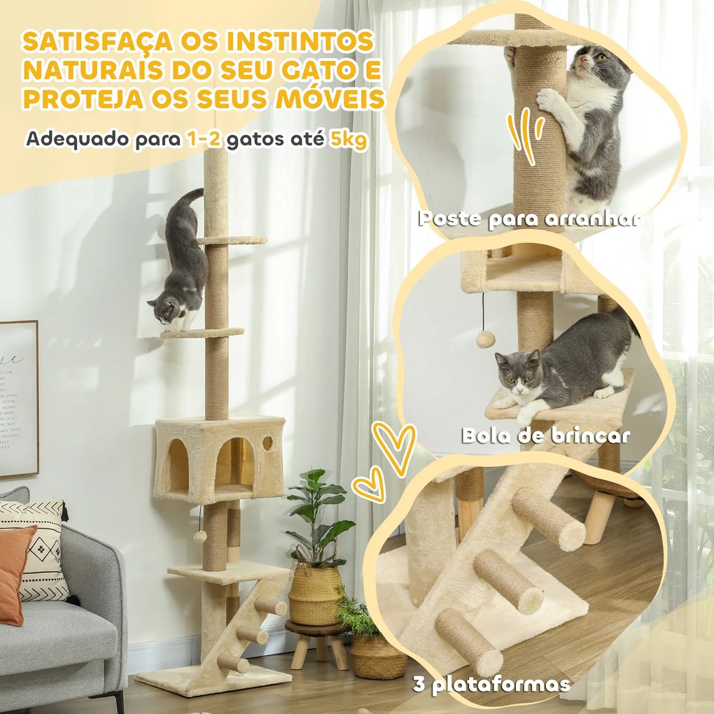 Arranhador para Gatos do Chão ao Teto de 225-265 cm  com Altura Ajustável Múltiplas Plataformas Escada Bola Suspensa Bege