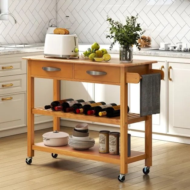Ilha de cozinha com carrinho utilitário de 3 níveis com bancada de madeira - branco