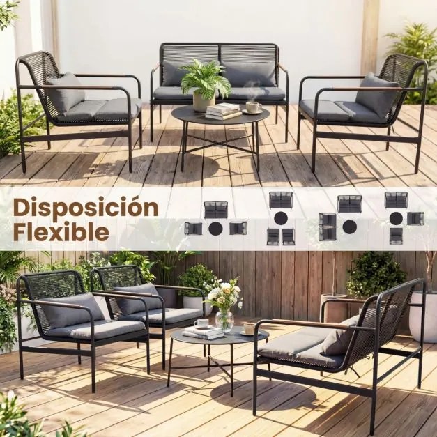 Conjunto de jardim, 4 peças, em vime com estrutura metálica e almofadas em rattan PE, 2 poltronas com mesa, para alpendre, jardim ou varanda, Cinzento