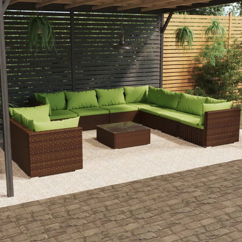 vidaXL 10 pcs conjunto lounge jardim c/ almofadões vime PE castanho