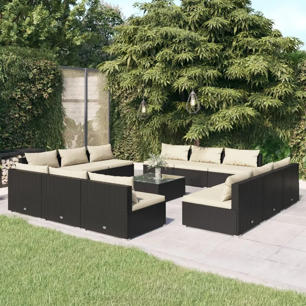 vidaXL 13 pcs conjunto lounge de jardim c/ almofadões vime PE preto