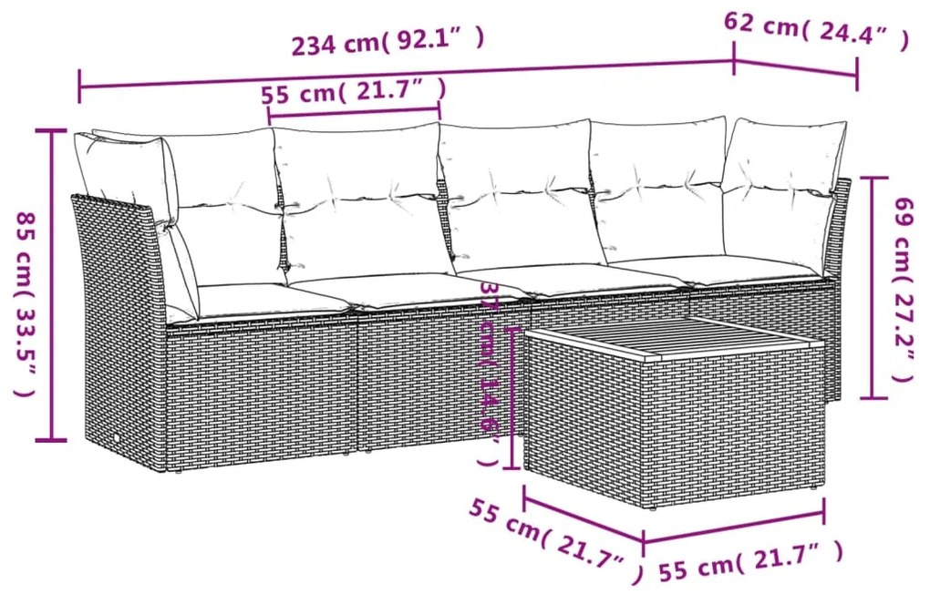 5 pcs conjunto de sofás p/ jardim com almofadões vime PE bege