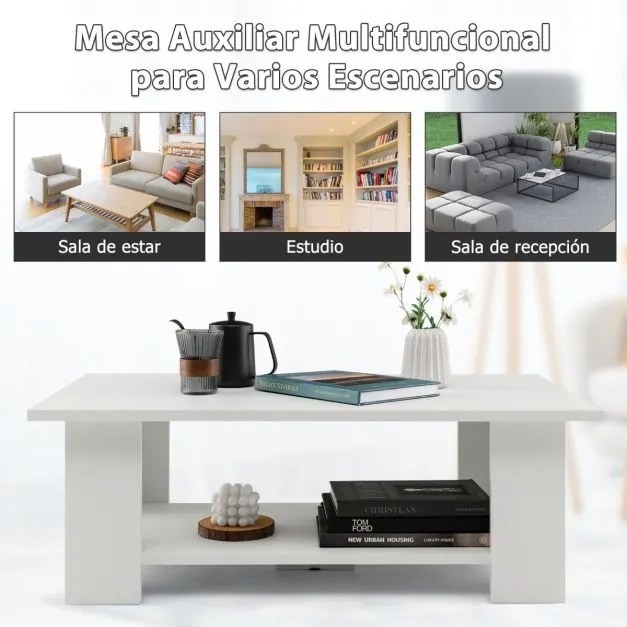 Mesa de centro moderna com estante aberta retangular em madeira para sala de estar 90 x 52 x 32 cm Branco