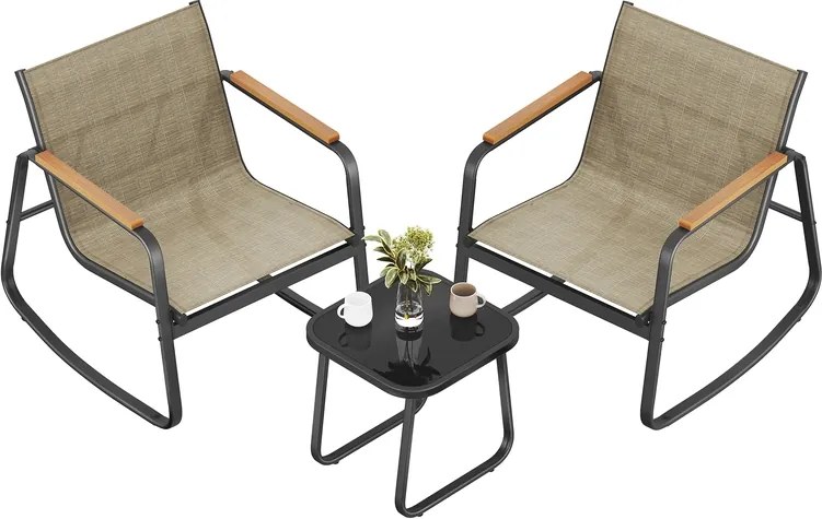 Conjunto de jardim: 2 cadeiras de baloiço com mesa, castanho-amarelado
