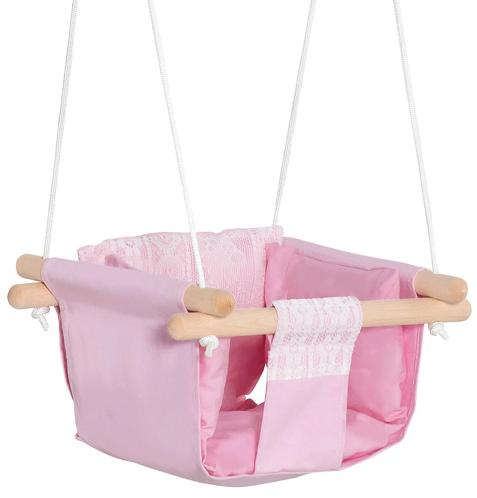 Outsunny Baloiço para Bebé com Altura Ajustável Cinto de Segurança Carga Máx. 80kg Madeira 40x40x180cm Rosa e Branco