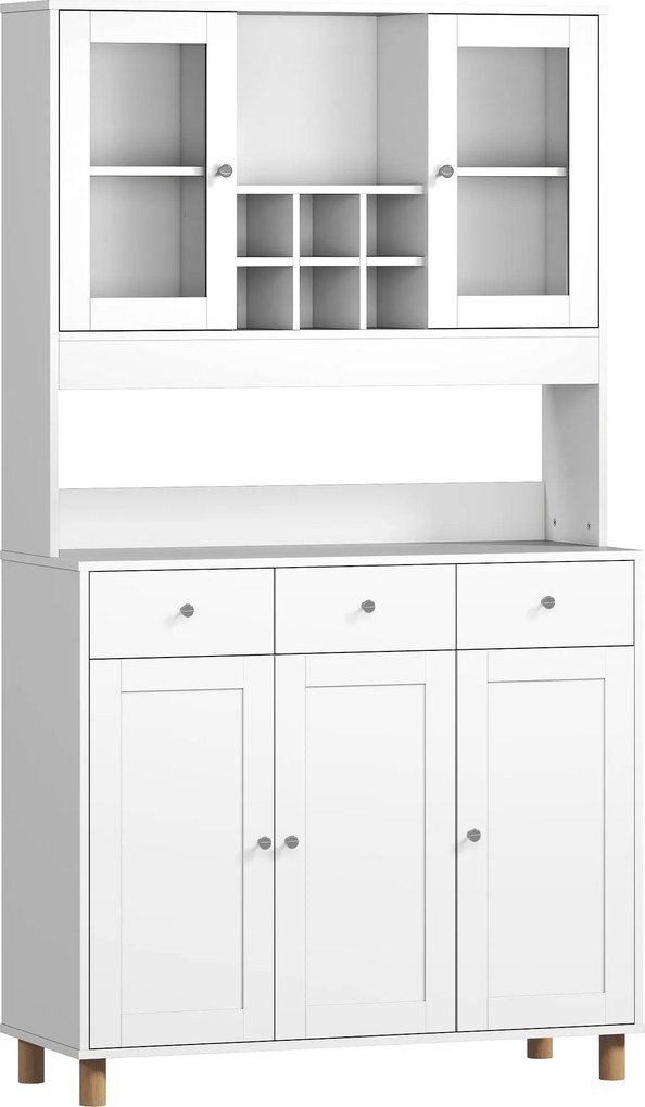 HOMCOM Armário de cozinha 180 cm, 2 portas de vidro, 3 gavetas, 4 prateleiras ajustáveis, armário de sala de jantar, placa de aglomerado, Branco | Aosom Portugal