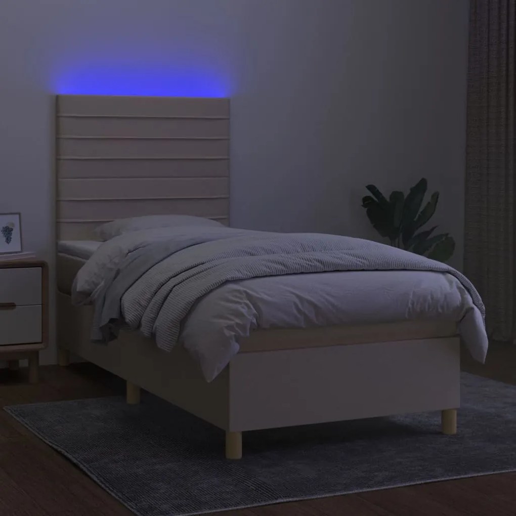 Cama box spring c/ colchão e LED 90x190 cm tecido cor creme