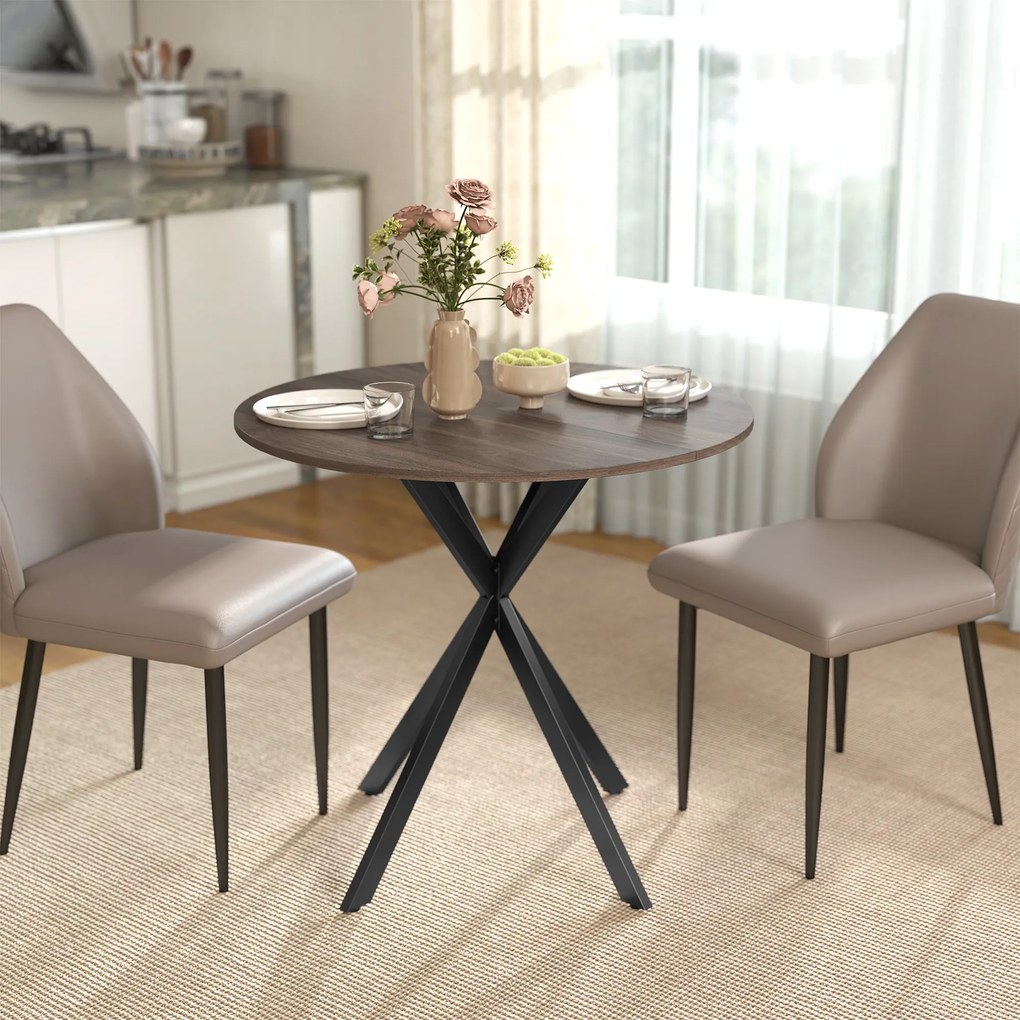 Mesa de jantar redonda para 2 pessoas (CADEIRAS NÃO INCLUIDAS) com tampo com aspeto de madeira e base cruzada em aço, castanha e preta