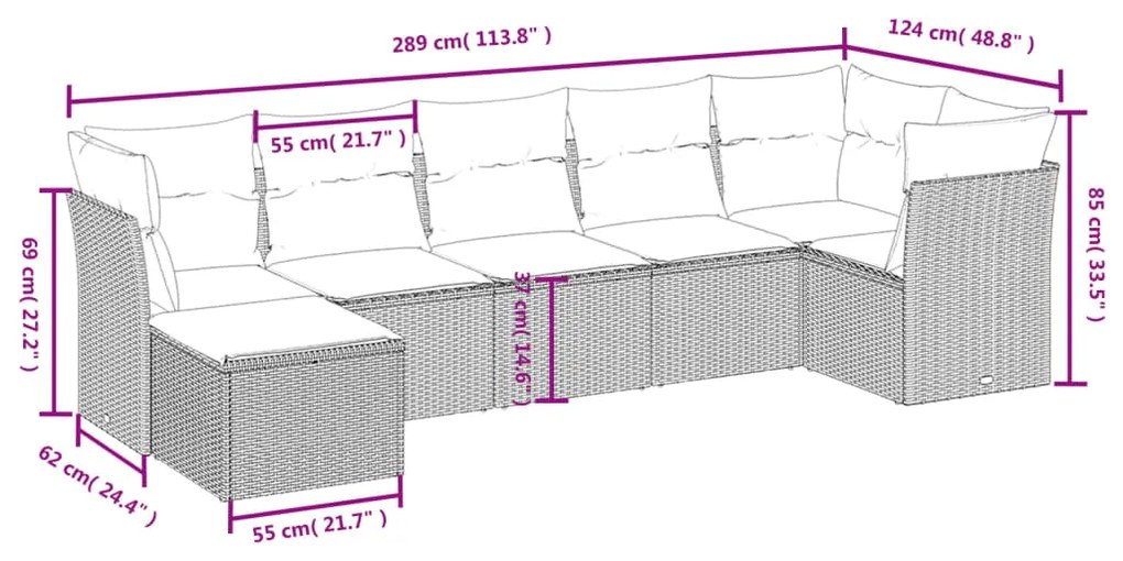 7 pcs conjunto sofás p/ jardim c/ almofadões vime PE cinzento