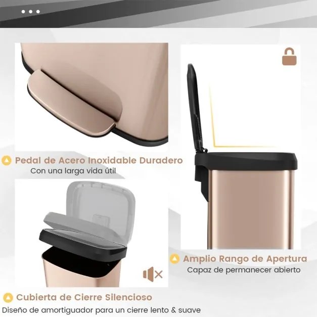 Caixote do lixo de cozinha 68 litros 40 x 38 x 78 cm (C x L x A) com tampa metálica com pedal Ouro rosa