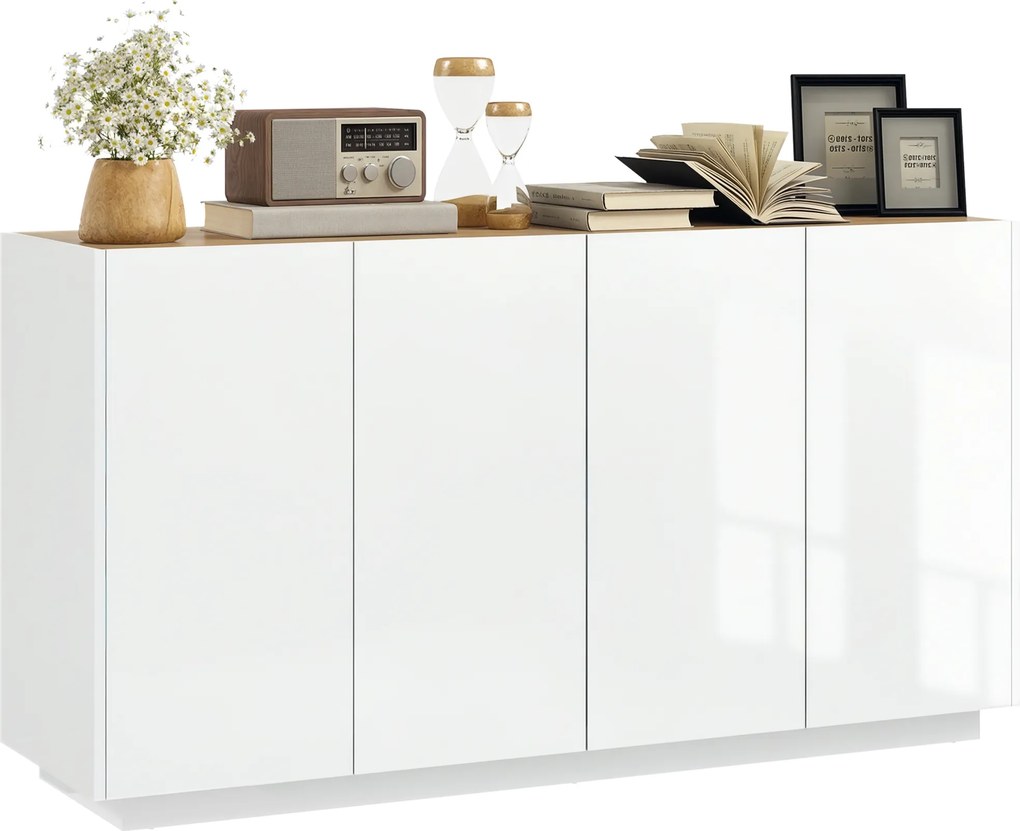 Aparador para sala de jantar e cozinha com 4 portas 140 x 40 x 75 cm com fecho suave e prateleiras ajustáveis, branco