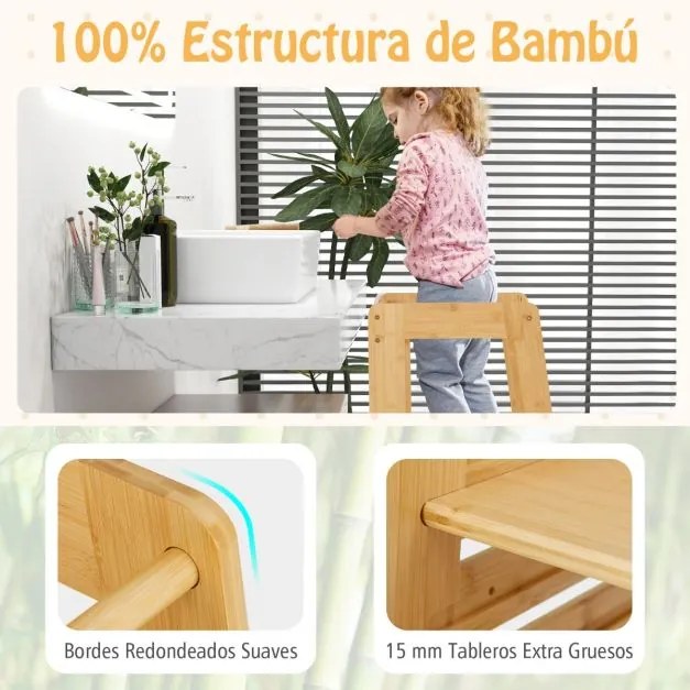 Torre de aprendizagem 60 x 58 x 91 cm para crianças de bambu para crianças com altura ajustável em 4 níveis Barras de segurança natural