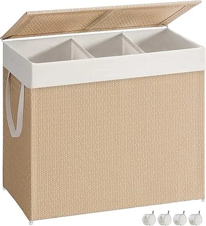 Cesto da roupa 140 L com 3 compartimentos e rodas bege natural-branco