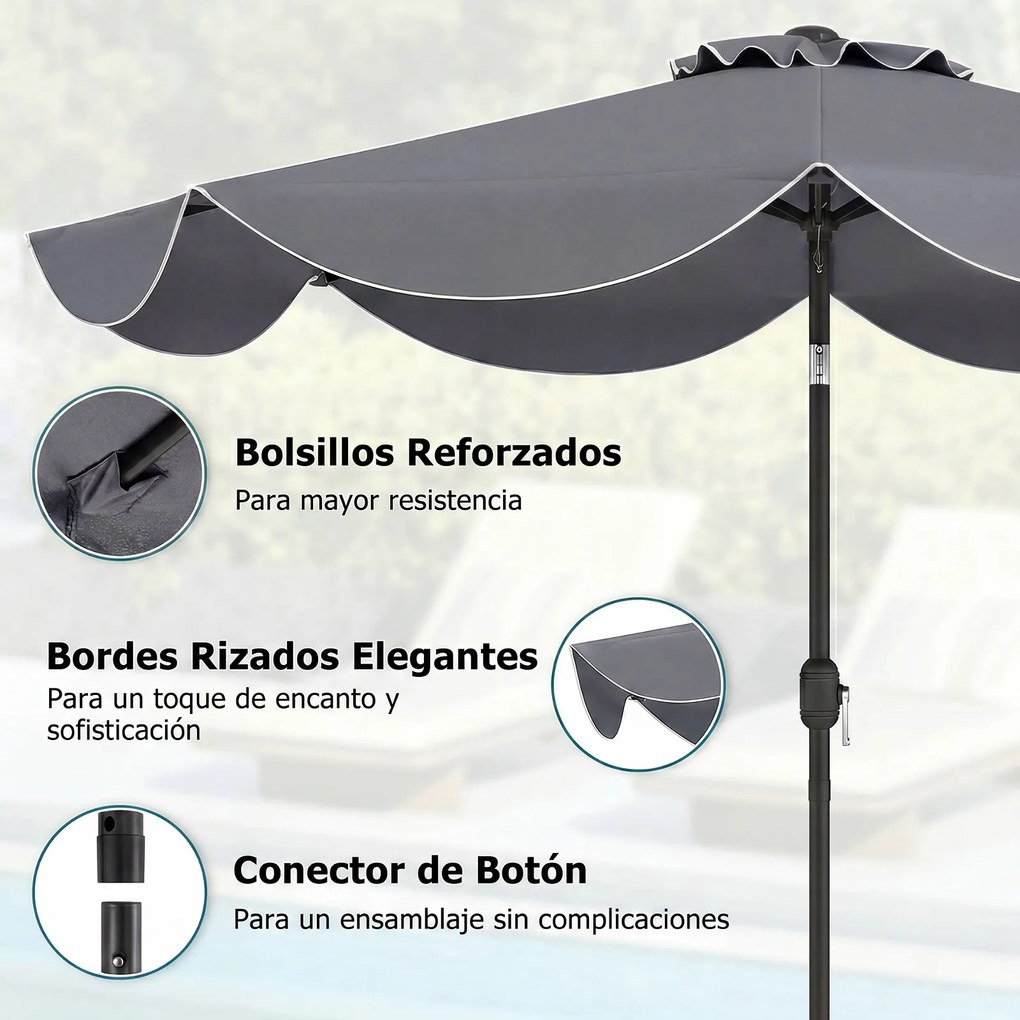 Guarda-sol de 270 cm para terraço exterior com inclinação bidirecional de 30° (BASE NÃO INCLUIDA), 8 varas metálicas, manivela e volantes decorativos