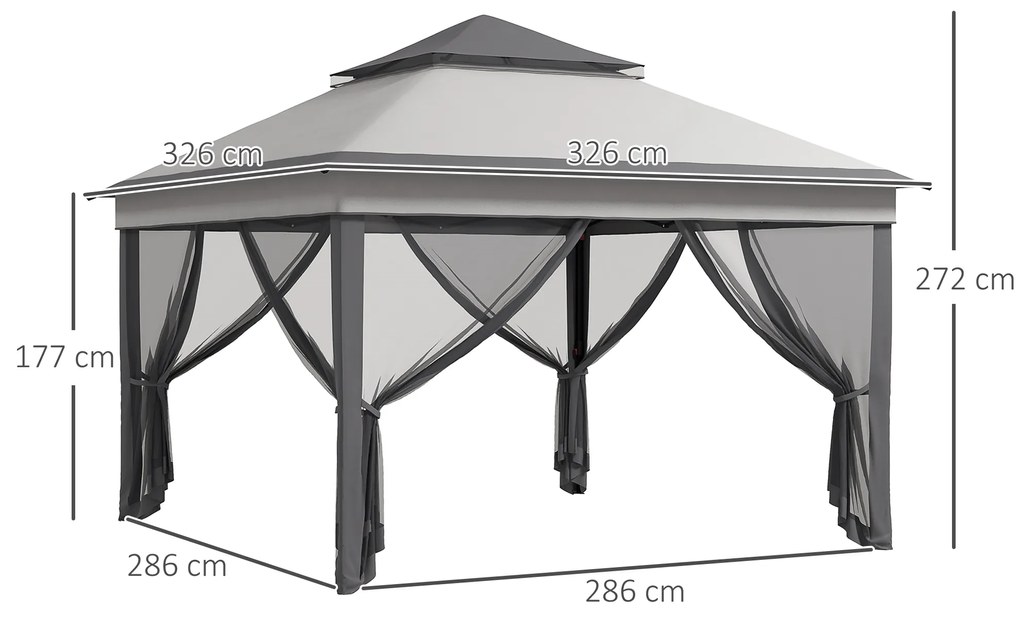 Tenda Dobrável 3,26x3,26x2,72 m com Altura Ajustável 4 Painéis de Malha Proteção UV30+ e Bolsa de Transporte Cinza