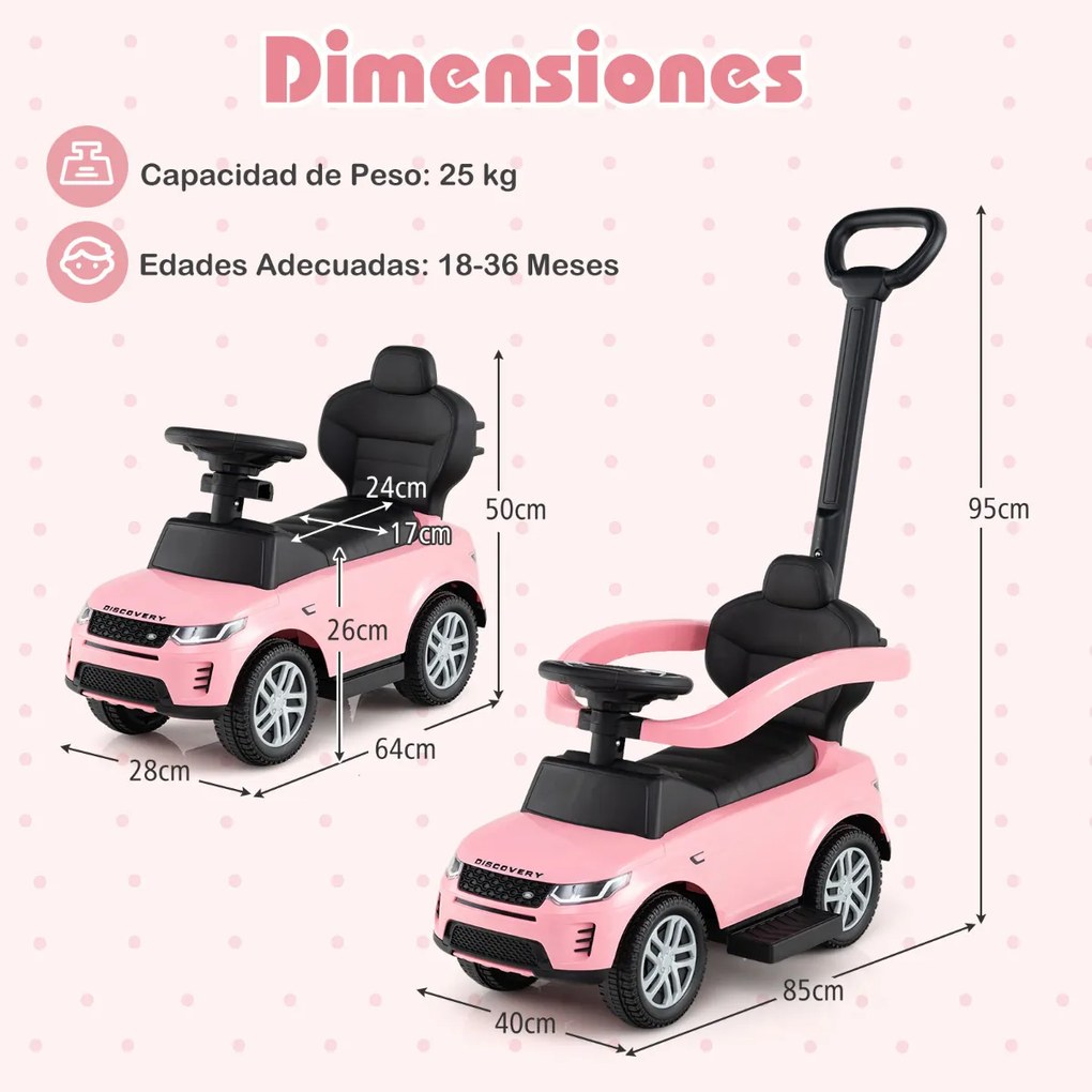 Carro de empurrar 3 em 1 para crianças de 18 a 36 meses com alça removível com buzina e som Rosa