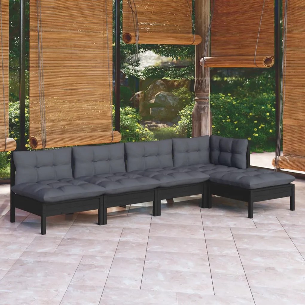 5 pcs conjunto lounge de jardim c/ almofadões pinho preto