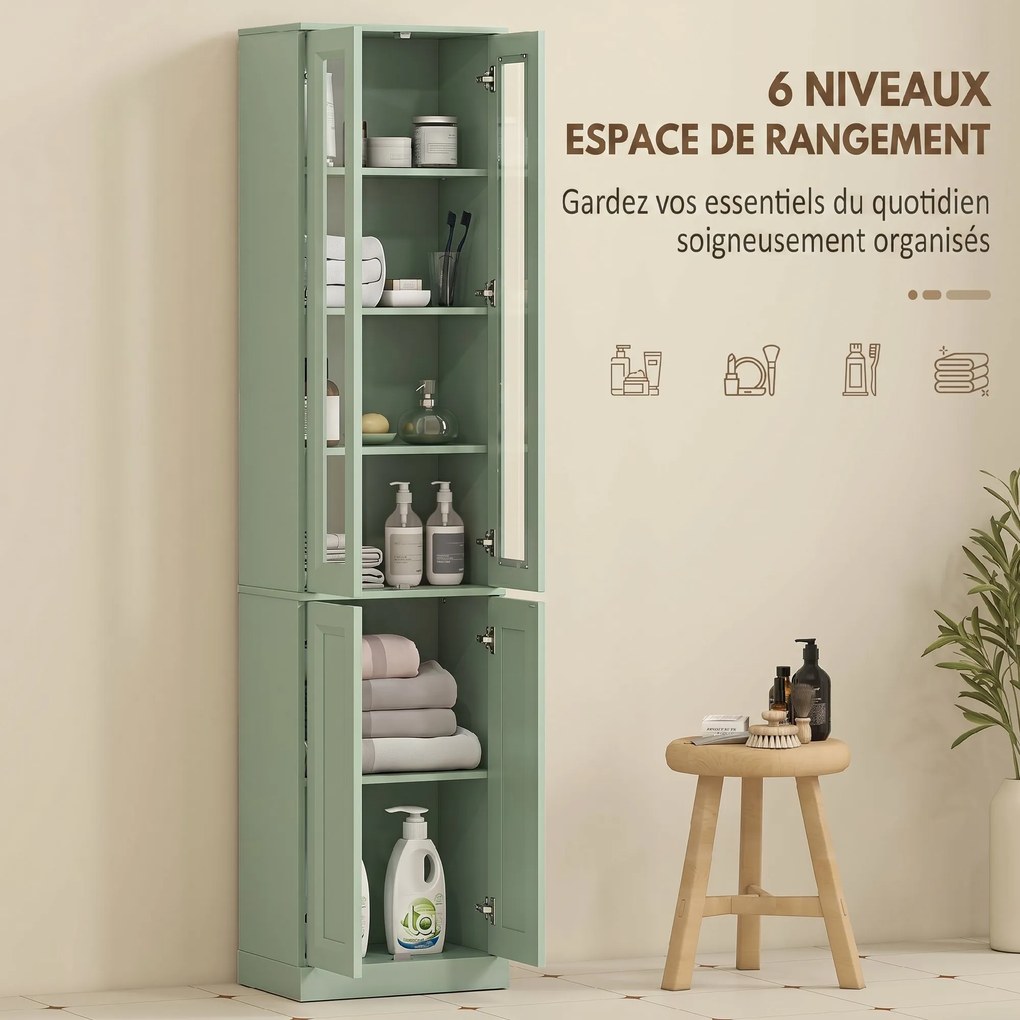 Móvel de casa de banho com 6 níveis 38 L x 26 P x 160 A cm, móvel de arrumação com 4 portas com fecho suave e prateleiras ajustáveis, verde