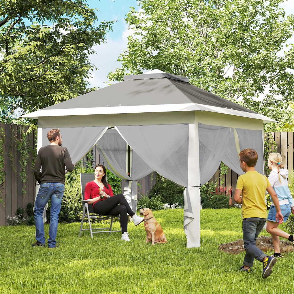 Tenda Dobrável 3,3x3,3 m Pop-up Altura Ajustável Teto Duplo Mosquiteiras Removíveis e Bolsa de Transporte Anti-UV Cinzento