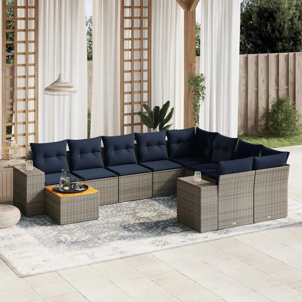 vidaXL 10 pcs conjunto sofás p/ jardim c/ almofadões vime PE cinzento