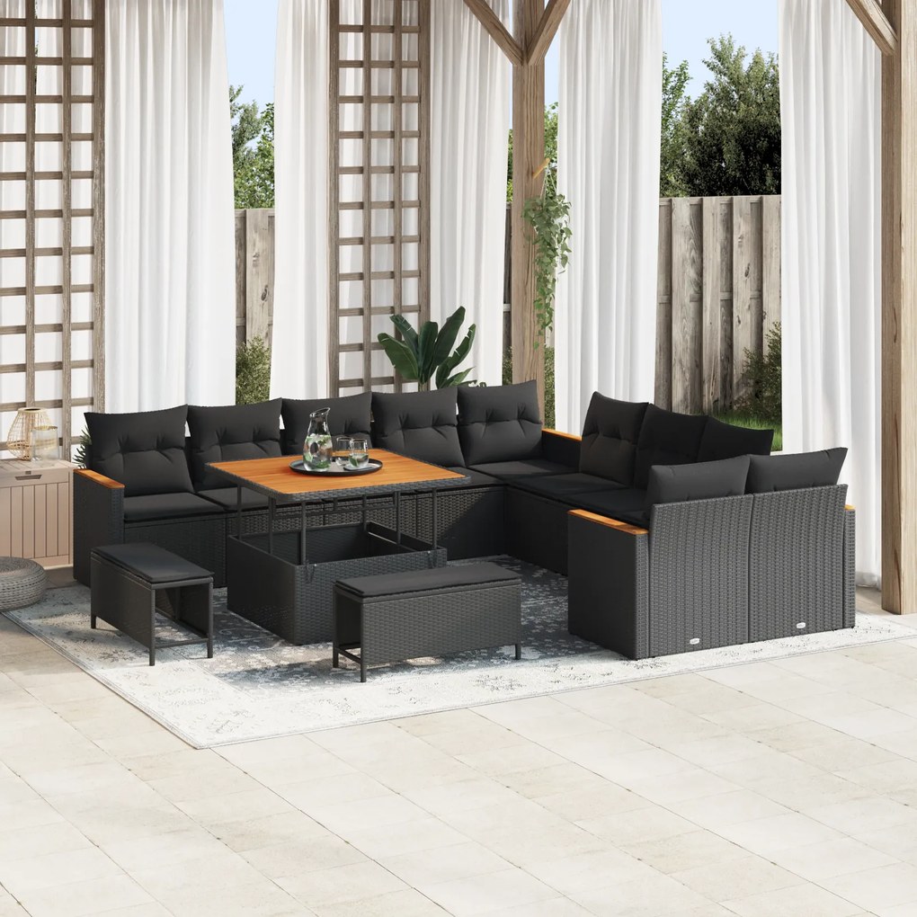 Conjunto de Sofá de Jardim com Almofadas de 13 Peças Preto Poly Rattan Aço