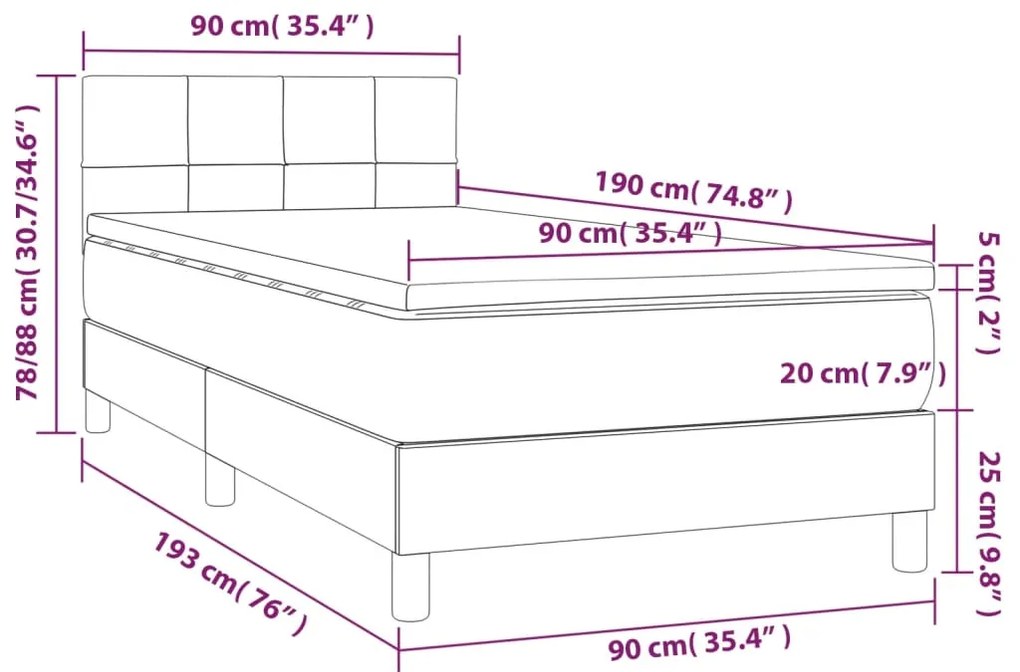 Cama box spring c/ colchão e LED 90x190 cm tecido preto