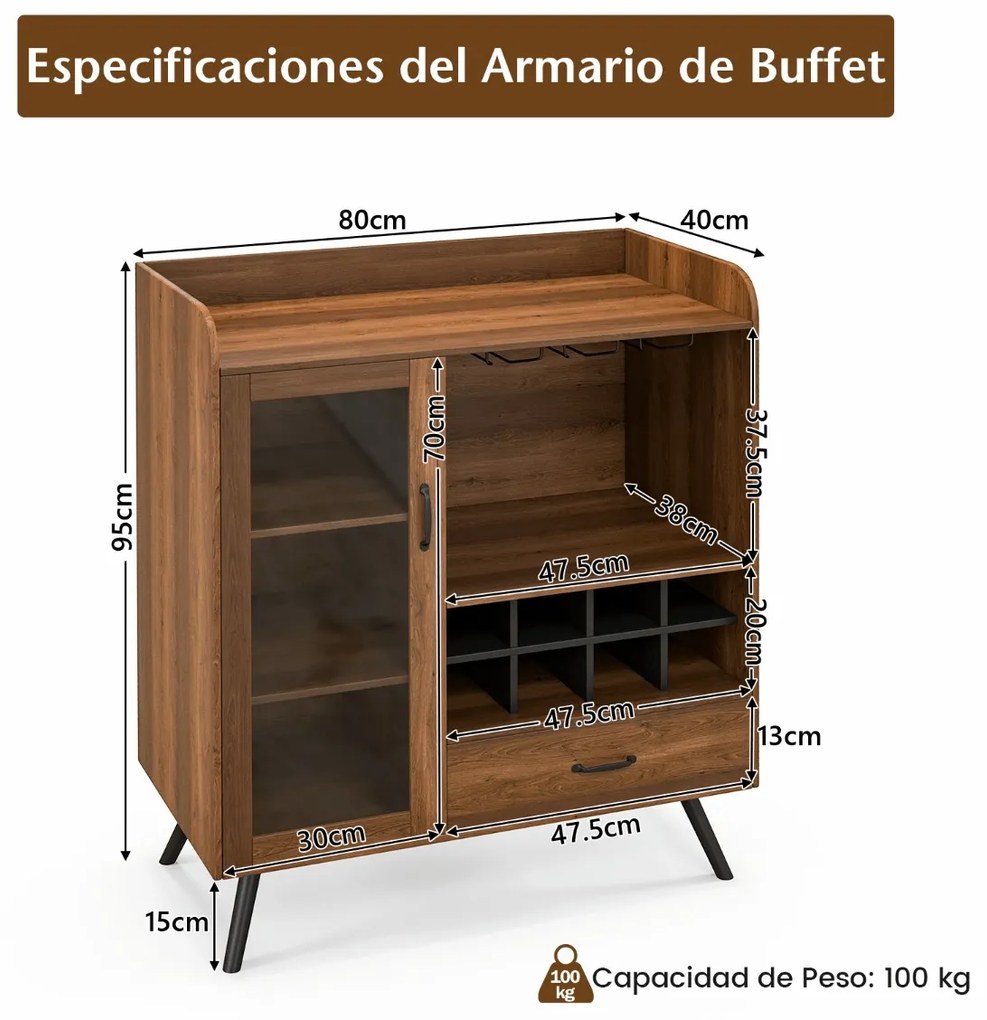 Garrafeira para vinhos Armário para licores com porta e gaveta Estante para vinhos e suporte para copos para cozinha Bar castanho 80 x 40 x 95 cm cast