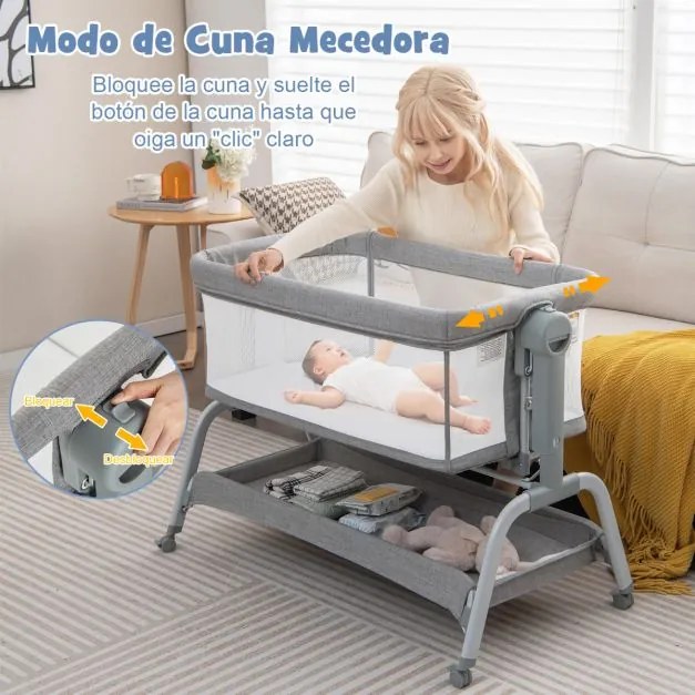 Berço de viagem para bebés com Altura ajustável Colchão ajustável Malha Cesto de arrumação e rodas 101 x 56 x 89 cm Cinzento
