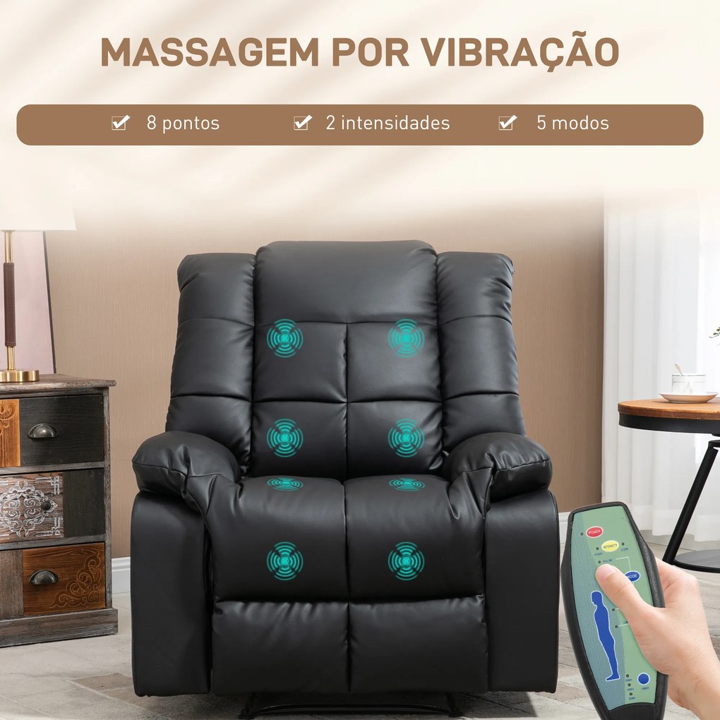 Poltrona de Massagem Poltrona Relax Reclinável com 8 Pontos de Massagem Controlo Remoto Estofada em PU 94x99x99 cm Preto