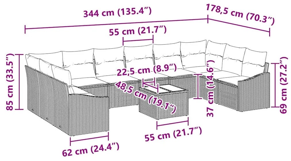 Conjunto de Sofá de Jardim 11 Peças com Almofadas Beges em Rattan Sint