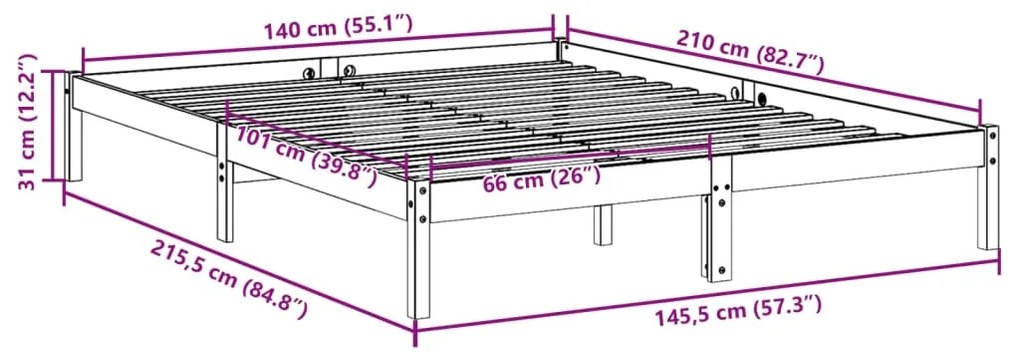 Cama extra longa sem colchão 140x210 cm pinho maciço branco