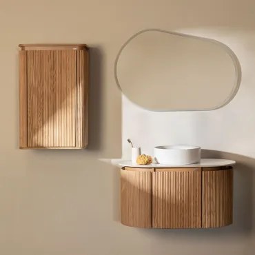 Conjunto De Móvel De Casa De Banho Suspenso 90x50 Cm Em Madeira Carsone Madeira Natural & Madeira Natural & Cerâmica Redonda Branca Ø40 - Sklum