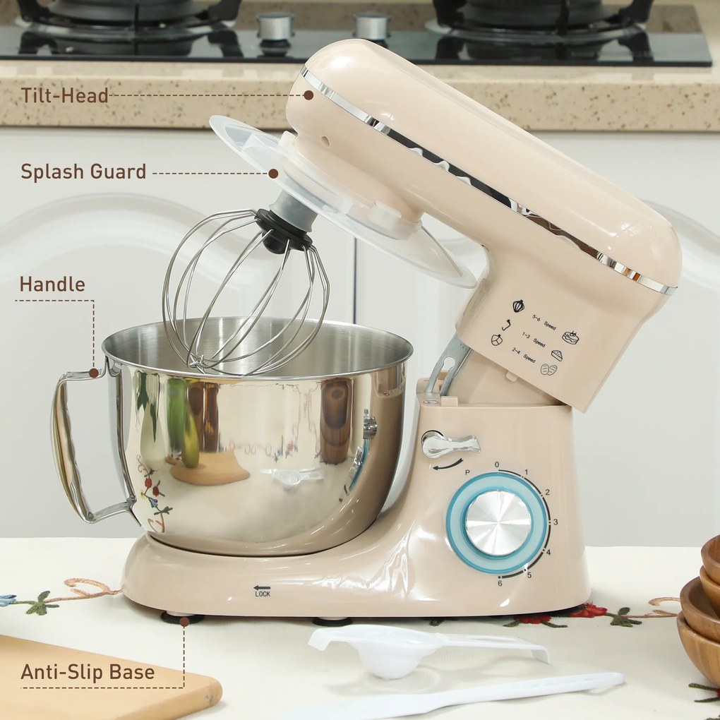 Batedeira Planetária 4,5L 1300W 6 Velocidades Taça de Aço Inoxidável Batedor Gancho Varas Bege