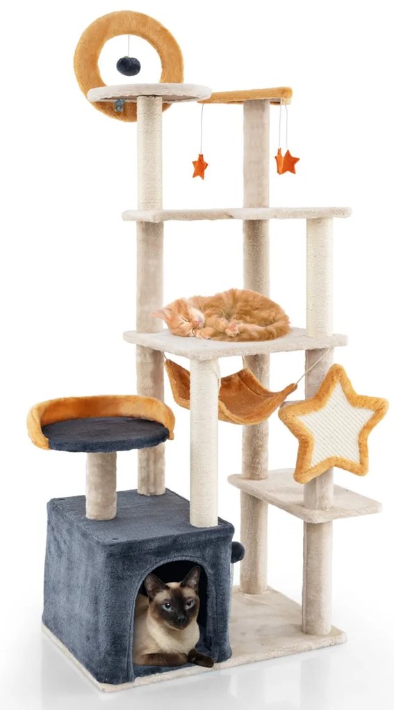 Arranhador para gatos grande 61 x 41 x 160 cm alto com brinquedos, rede e base estável para vários gatos bege