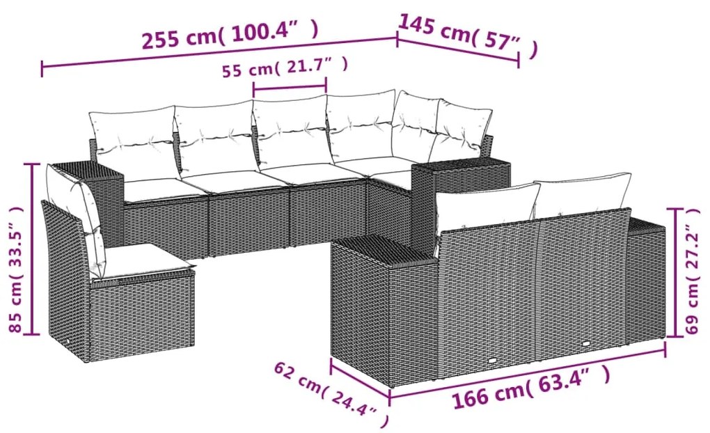 8 pcs conj. sofás jardim c/ almofadões vime PE cinzento-claro