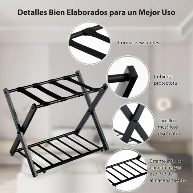 2 x Suporte de bagagem dobrável Suporte de bagagem de metal até 60 kg com 4 correias estáveis e design de 2 andares para casa e hotel Preto