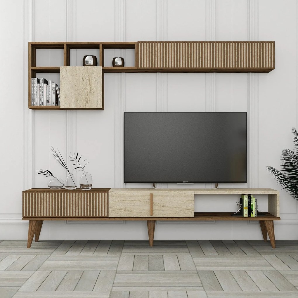 Conjunto de Mobiliário de Sala de Estar Milan – Nogueira – Travertino