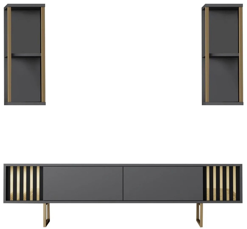 Móvel de TV "Gold" com 2 Prateleiras de Parede – Antracite e Dourado -