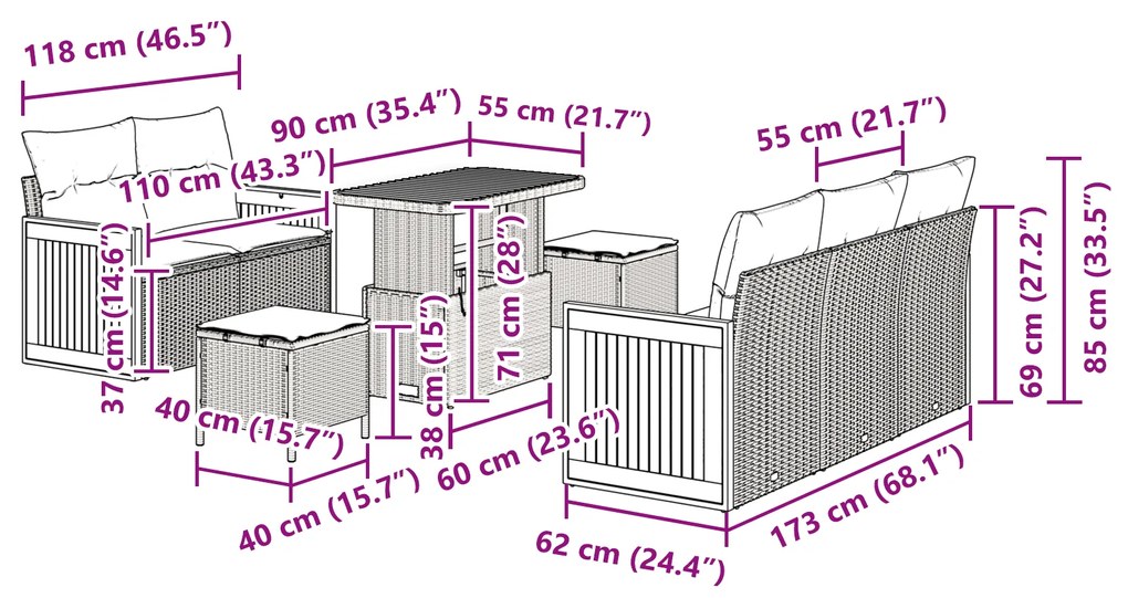 Conjunto de Sofá de Jardim vidaXL 8 Peças com Almofadas Bege Rattan Po