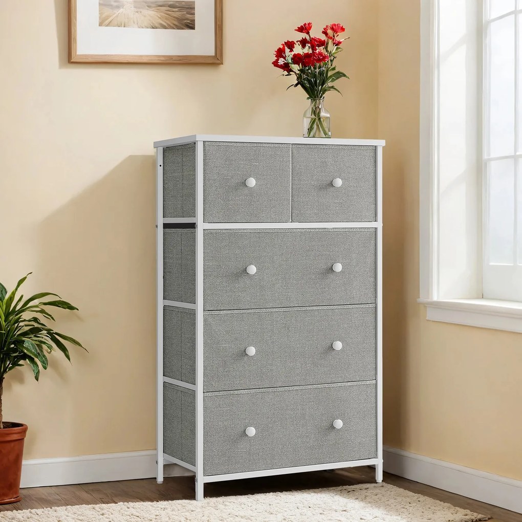 Cómoda, armário de arrumação com 5 gavetas tecido 30 x 56 x 93 cm cinza claro-branco